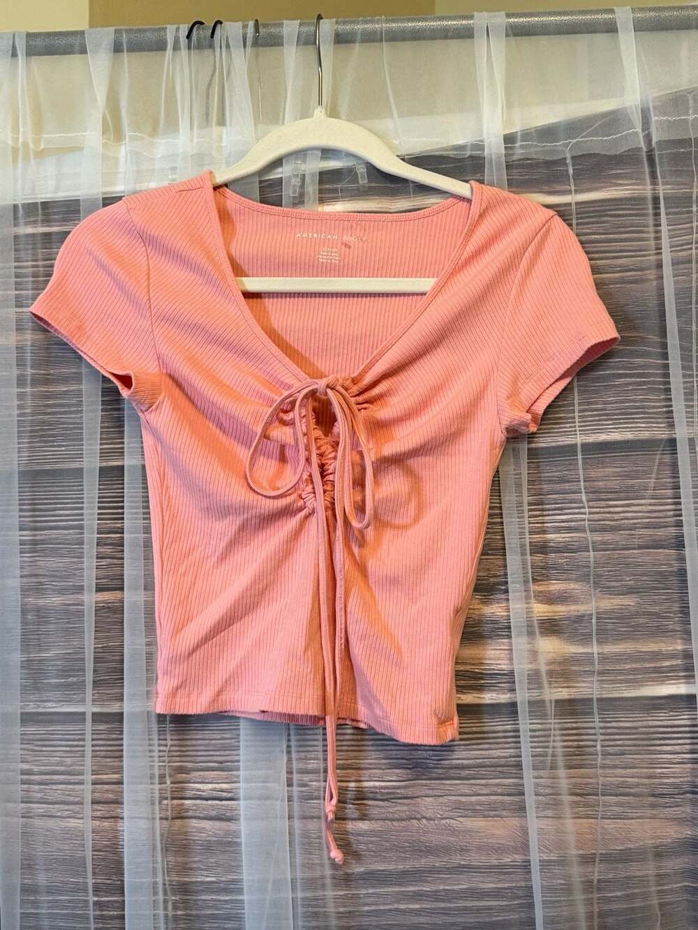 American Eagle Pink Ribbed Short Sleeve Keyhole Tie Front Top